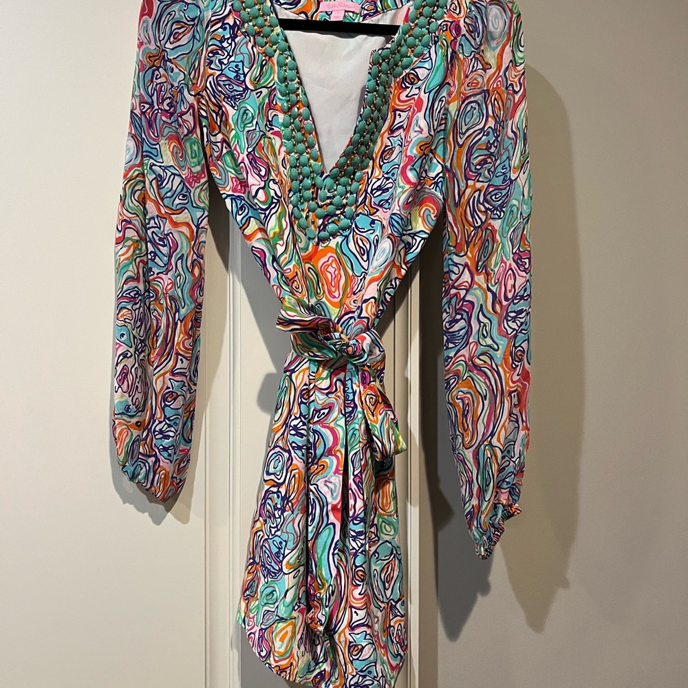 Lilly Pulitzer Blue and Red Wrap Sundress with Bishop Sleeves